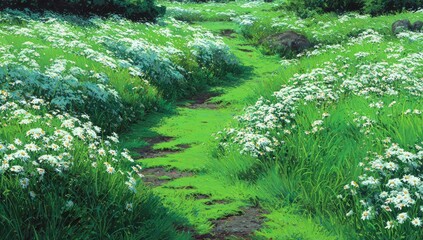 Naklejka premium A verdant path winds through a field of vibrant green grass and numerous white daisies, dappled with sunlight