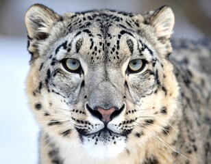Fototapeta premium Close-up of a snow leopard's face, showing its striking blue eyes and unique spotted coat in a snowy setting
