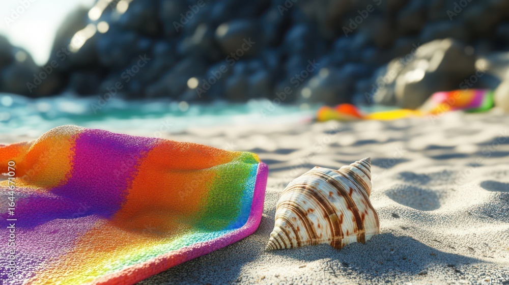 Poster seaside serenity: a colorful towel and seashell on a beach escape setting