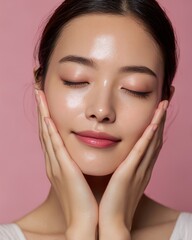 Closeup of a Japanese woman receiving Hydra facial flawless skin natural beauty expression clean isolated on a pastel background premium skincare and beauty portrait