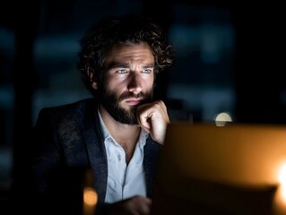 A bearded man thoughtfully stares at a laptop screen while working late at night in a dimly lit office.