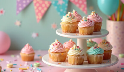 Colorful Cupcakes on a Tiered Stand for a Celebration