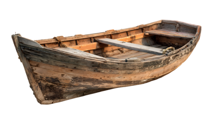 Weathered wooden rowboat, nautical vessel with aged texture on transparent background