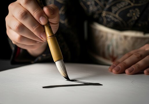 Hand In A Traditional Kimono Holding A Bamboo Brush To Practice Japanese Calligraphy, Drawing A Black Ink Stroke On White Paper, Japanese Calligraphy, Shodo, Traditional Art