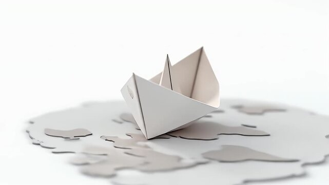  A simple vector illustration of a paper boat floating on a puddle shaped like a world map, symbolizing global unity, exploration, and peace, isolated on white.