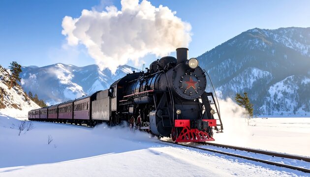 Spectacular winter scene of a vintage steam train traversing a snow-covered landscape with mountains - Powered by Adobe