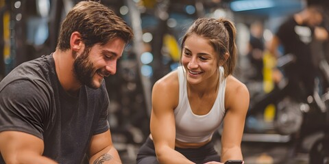 Attractive woman and man in sportswear laughing together while using phone in a modern gymnasium facility.