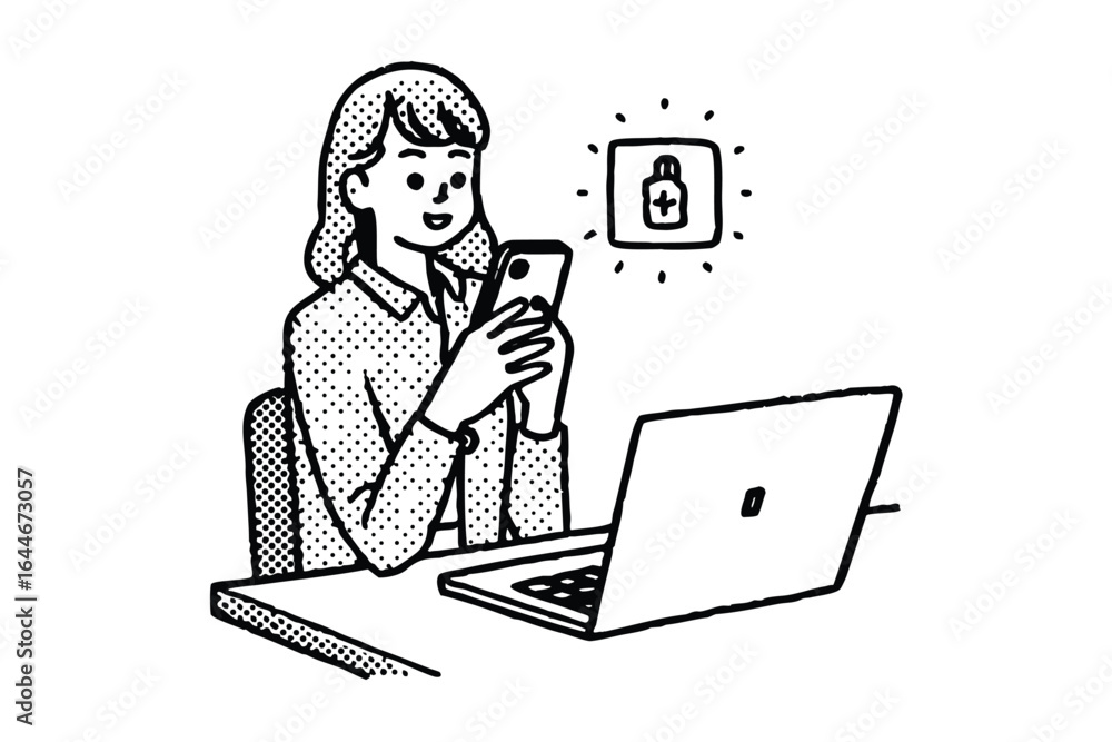 Poster person using smartphone for biometric security and digital identity verification