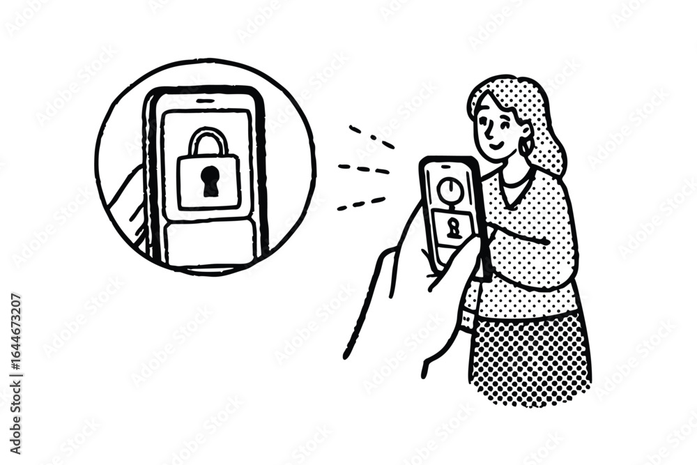Poster woman using smartphone for secure password entry and data protection