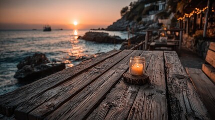 Coastal sunset, candle on rustic wooden table