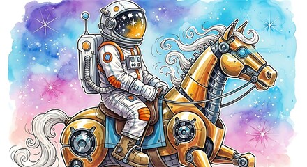 An astronaut riding a mechanical horse in space with stars and colorful nebula background art style