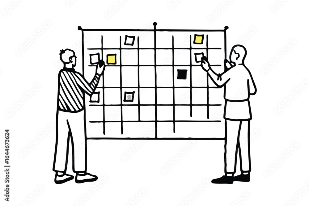 Poster two people collaborating on a large grid with tasks and icons