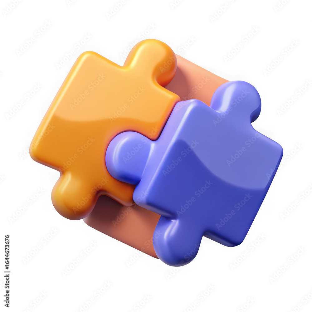Poster two interlocking 3d puzzle pieces in orange and blue connection isolated on a transparent background
