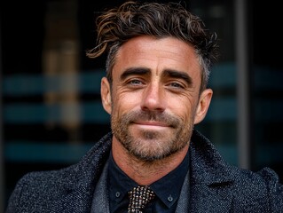 Fototapeta premium Handsome mature man with salt and pepper hair gazes confidently wea a stylish overcoat outdoors today.