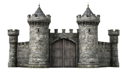 Stone castle gate with towers, medieval architecture and wooden doors on transparent background