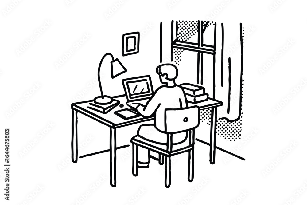 Poster person working on laptop with stack of books and geometric patterns