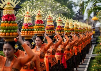 Fototapeta premium Long Line Of Balinese Women In Orange Traditional Attire Gracefully Carry Elaborate Fruit Offerings (Gebogan) On Their Heads During A Religious Ceremony, Balinese Culture, Hindu Ritual
