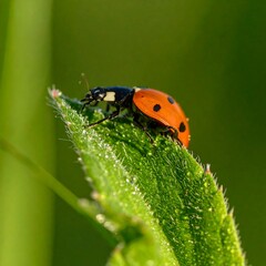 Naklejka premium Ladybug on dewy leaf (1)