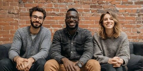 Diverse group of three friends smiles and poses while sitting together on a couch in front of brick wall.