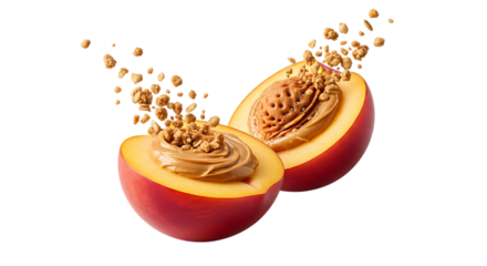 Peach halves with peanut butter and granola isolated on a transparent background