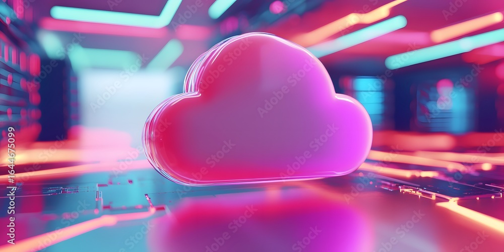 Poster 3d render of a server rack with a cloud icon in a data center,