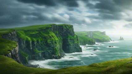 Lush green cliffs plunge into the sea under a cloudy sky A waterfall cascades down one cliff - Powered by Adobe