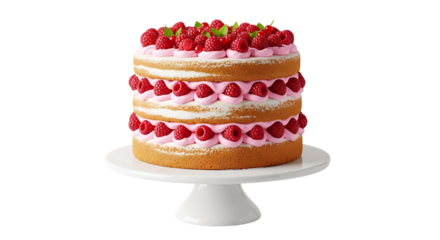 Naked cake with pink frosting and raspberries isolated on a transparent background