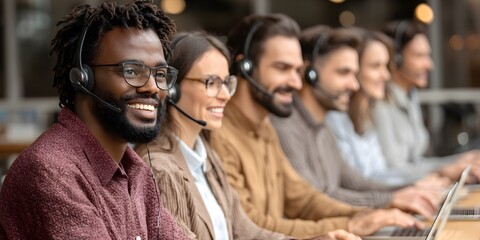 Diverse team of happy smiling customer service representatives working in a busy call center office.