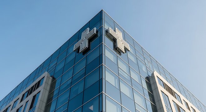 Modern glass building with cross emblem architecture