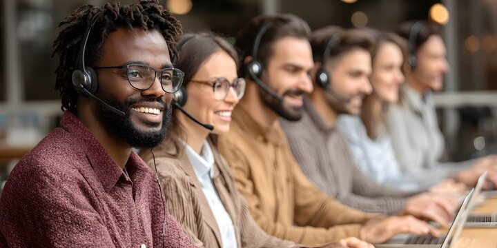 Diverse team of happy smiling customer service representatives working in a busy call center office. - Powered by Adobe