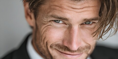 Fototapeta premium A handsome mature man with brown hair and blue eyes gazes confidently toward the camera with a smile.