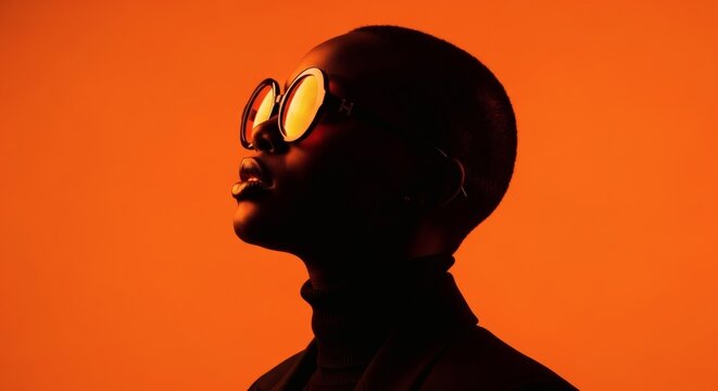 A stylish person in silhouette wearing large round sunglasses against a vibrant orange background.
