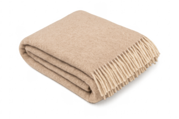 Folded beige blanket with tassels on transparent background