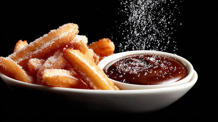 Churros Dessert Chocolate Sauce Sugar Snack Sweet Tasty Fried Food Culinary Indulgence Treat Plated Delicious Cuisine Finger Gourmet Party Restaurant Baked Texture Crispy Caramel Closeup Appetizing 