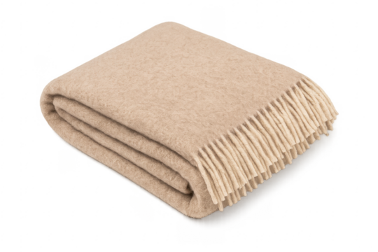 Folded beige blanket with tassels on transparent background