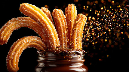 Churros Circles Dessert Sweet Food Treat Sugar Crispy Delicious Chocolate Whipped Caramel Spanish Snack Golden Cream Indulgent Tasty Delight Toppings Sprinkles Bakery Mouthwatering Pastry