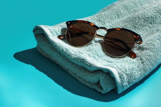 A pair of summer poolside relaxation sunglasses, a towel, and an aqua background.