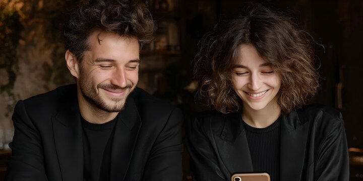A young couple in black attire share a smile while looking at something interesting on a mobile phone together.