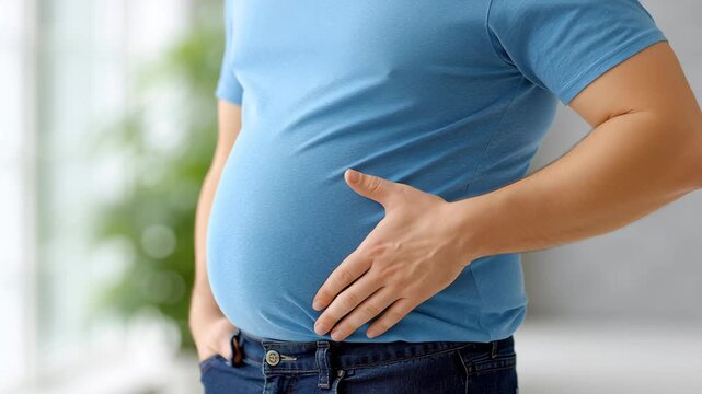 Obesity and excessive weight caused by unhealthy lifestyle habits and poor nutrition. An overweight person holding their own stomach.