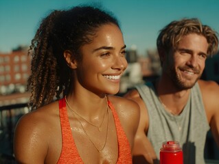 A young athletic couple smiles after finishing their outdoor workout with a building landscape in the background.