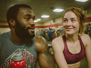 After workout, a smiling red haired woman looks at athletic African American man in gymnasium with respect.