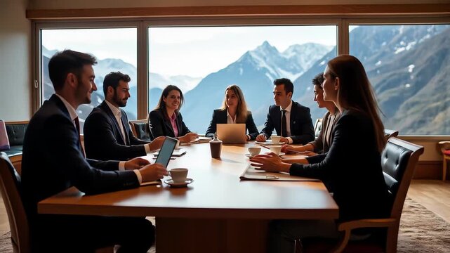 Engaging Business Gathering, Diverse Team Collaborating with Mountain Views