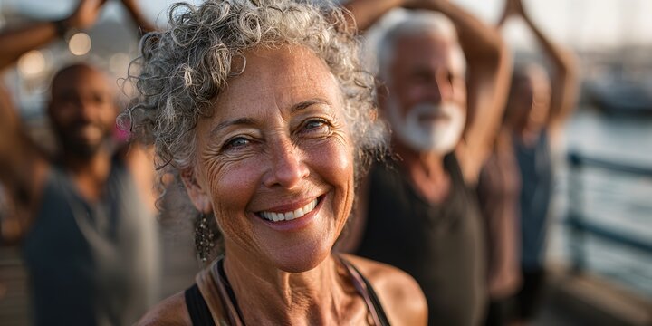 Smiling mature woman with curly gray hair is facing the camera after outdoor yoga class near the ocean.