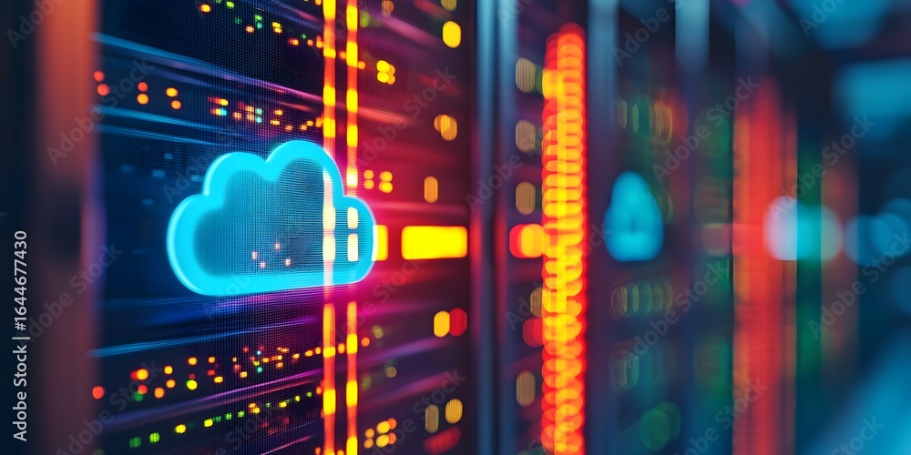 Poster 3d render of a server rack with a cloud icon in a data center,