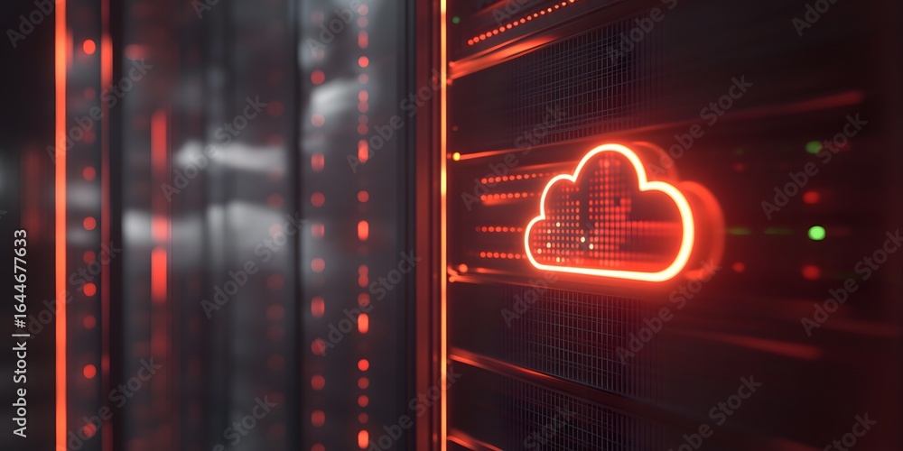 Poster 3d render of a server rack with a cloud icon in a data center,