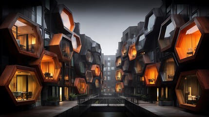 Unique Hexagonal Architecture with Honeycomb Windows in Urban Setting