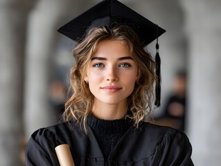 Confident young woman with curly hair smiles wea graduation cap and gown holding diploma scroll closely.
