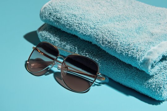 A pair of summer poolside relaxation sunglasses, a towel, and an aqua background. - Powered by Adobe