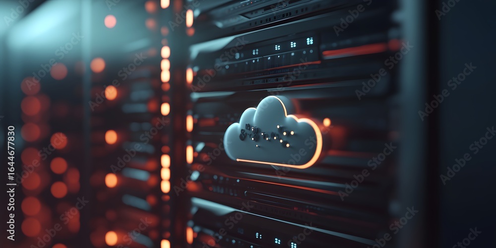 Poster 3d render of a server rack with a cloud icon in a data center,