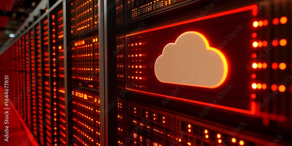Poster 3d render of a server rack with a cloud icon in a data center,